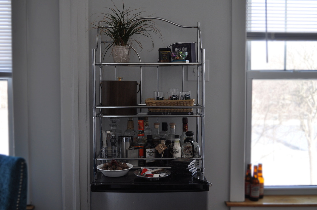 Mini fridge, shelf, mini bar, shelf over mini fridge, small apartment