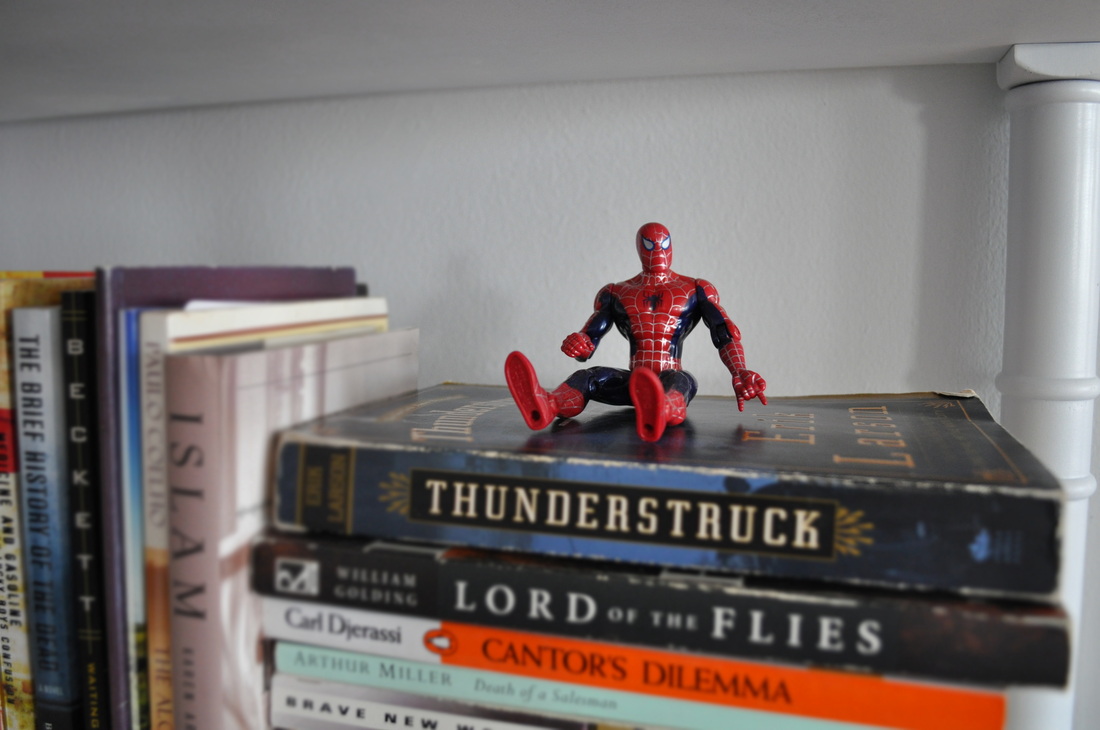 book shelf, spiderman